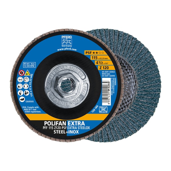 Pferd 4-1/2" x 5/8-11 Thd. POLIFAN Flap Disc - Z PSF EXTRA STEELOX, Zirconia, 120 Grit, Flat 60490 - main